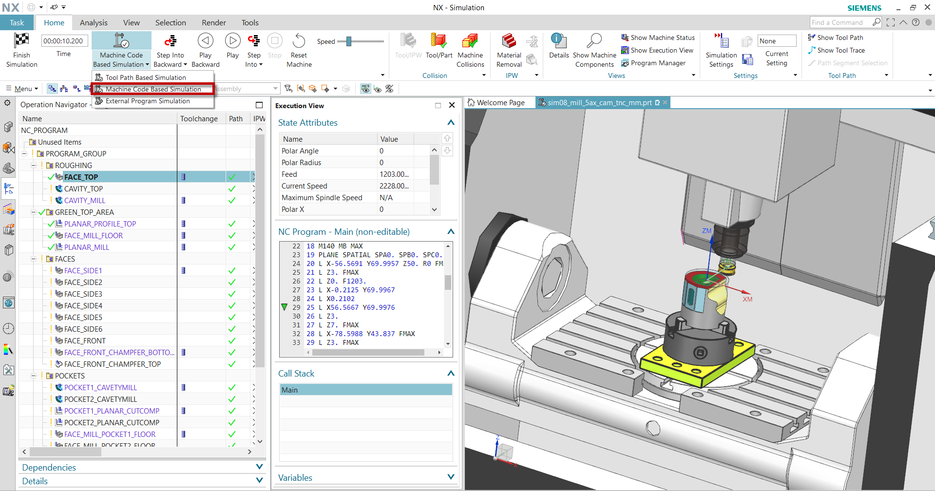 Szerszámgép beépítés és NC kód alapú szimuláció indítás NX-ben