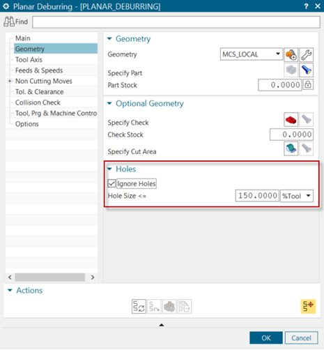 Ha a furatok éleire nem szeretnénk sorjázó megmunkálást generálni, akkor ezt a Geometry fülön található Ignore Holes bekapcsolásával könnyen megtehetjük.