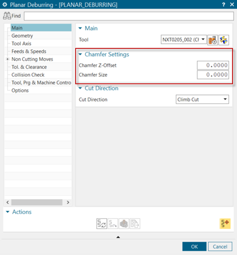 A letöréseket nem kötelező a megmunkálás elkészítése előtt lemodelleznünk, elég a Main fülön található Chamfer Settings beállításokat a kívánt letörés méretei alapján beállítani, így a szerszámpályák a kellő mértékben eltolódnak. Természetesen lemodellezett letörés esetén is el tudjuk készíteni a szerszámpályát.