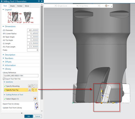 A Specify Tool Tip részben kell definiálni a szerszám csúcsát (vezérelt pontját). Fontos, hogy a Junctions rész definiálásakor a szerszám az X tengely irányába álljon mindkét esetben, mert csak így fog a szerszámgépszimuláció során helyesen megjelenni a szerszám.