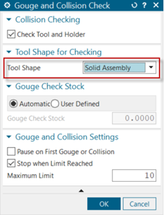 Az ütközésvizsgálat során nincs más dolgunk, mint hogy a Tool Shape-t Solid Assembly-ként adjuk meg. Így a szerszám valós alakját fogja figyelembe venni az NX a vizsgálat során.