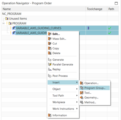 Az Operation Navigator – Program Order nézetben jelöljük ki az összefűzendő műveleteket, majd az egyik műveleten jobb klikk után az Insert -> Program Group… parancsot válasszuk.